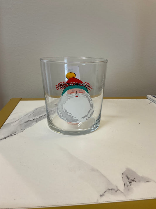 Vietri Old St. Nick tumbler with Santa face illustration in clear glass
