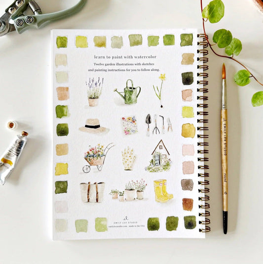 Emily Lex Studio Garden watercolor workbook interior page showing garden-themed sketches with color palette borders and painting instructions