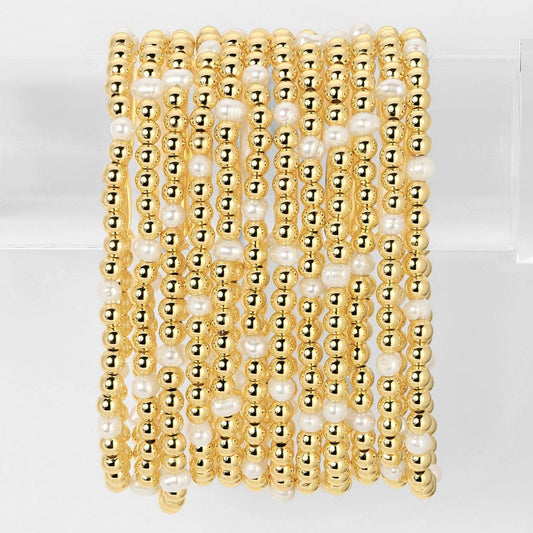 Splendid Iris 4mm Bead & Pearl Stretch Bracelets stacked, gold and cream pearl beads
