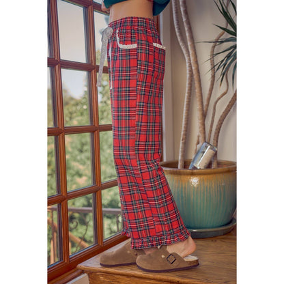 So Me - RUFFLED BOTTOM DETAIL CHRISTMAS PLAID CHECK LACE TRIM PANTS