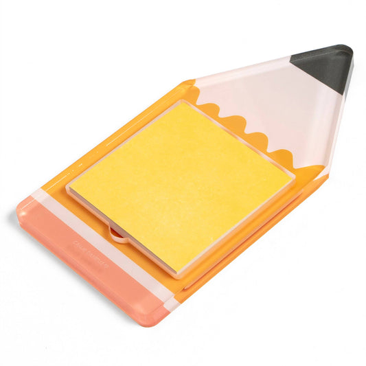 The Callie Danielle - Pencil Sticky Note Holder by Callie Danielle is an acrylic note holder shaped like a pencil, complete with orange, pink, and black details that resemble a pencil’s body, eraser, and tip. Featuring a stack of yellow sticky notes in the center, this holder makes a fun and practical back-to-school gift for students or teachers.