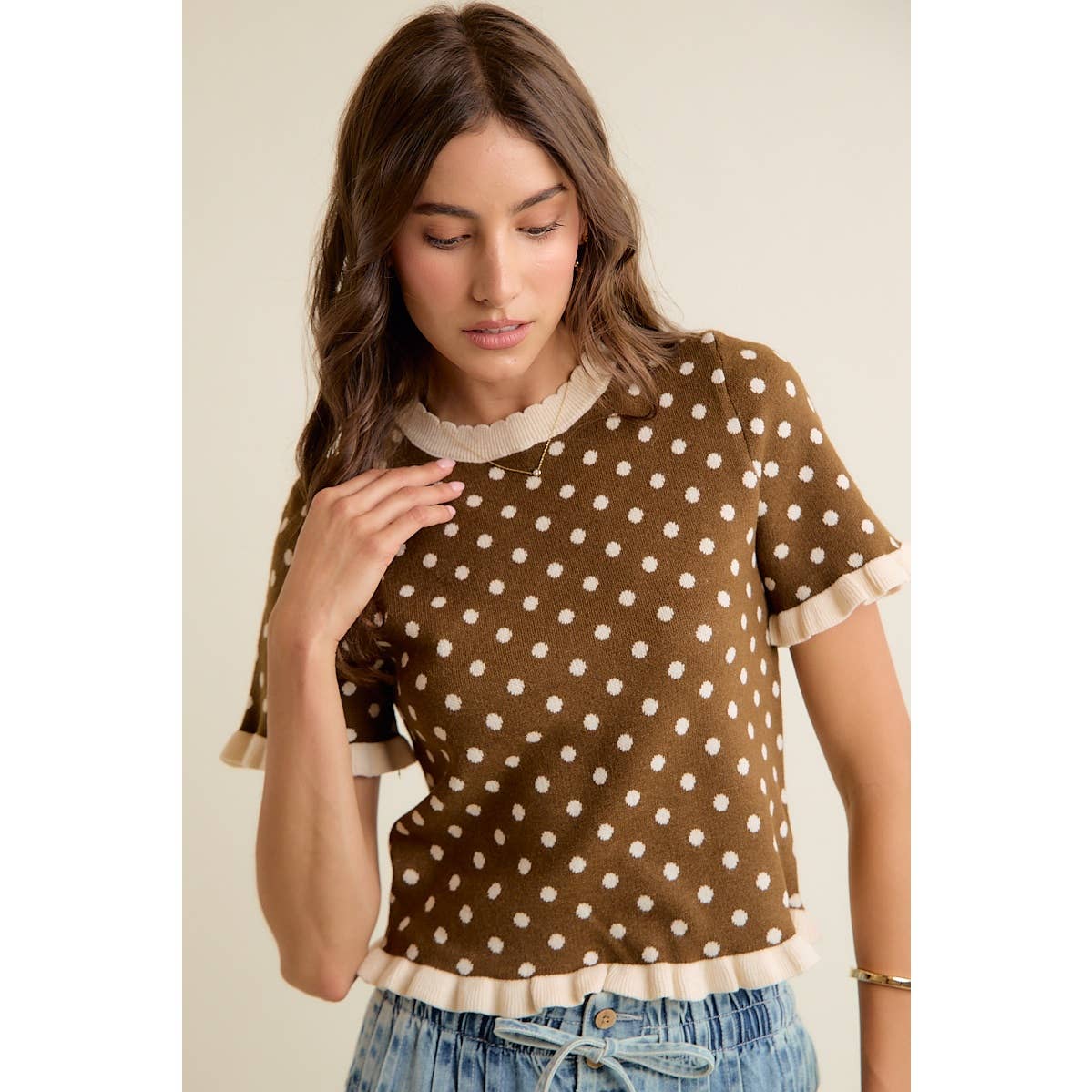 So Me - POLKA DOT RUFFLED SHORT SLEEVES SWEATER KNIT TOP