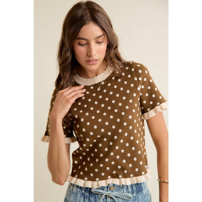So Me - POLKA DOT RUFFLED SHORT SLEEVES SWEATER KNIT TOP