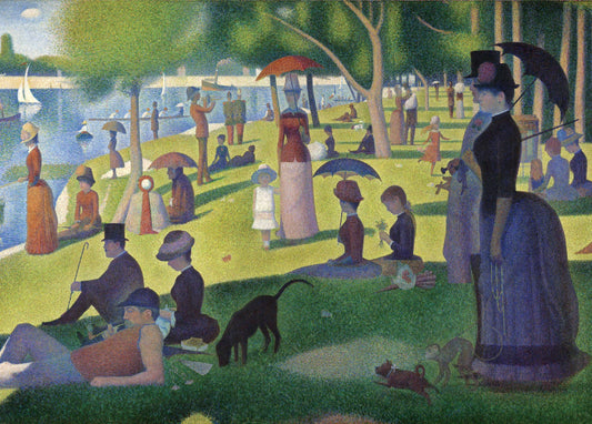A Sunday on La Grande Jatte completed puzzle showing impressionist painting of Victorian-era figures relaxing in park with water and sailboats