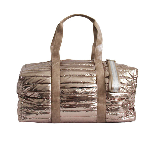 Lemonbella Gold Metallic Puffer Weekender Duffle Bag with quilted gold finish and tan handles, front view