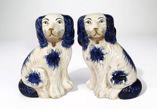 AA Importing blue and white ceramic Staffordshire dog pair, front-facing view with cobalt accents