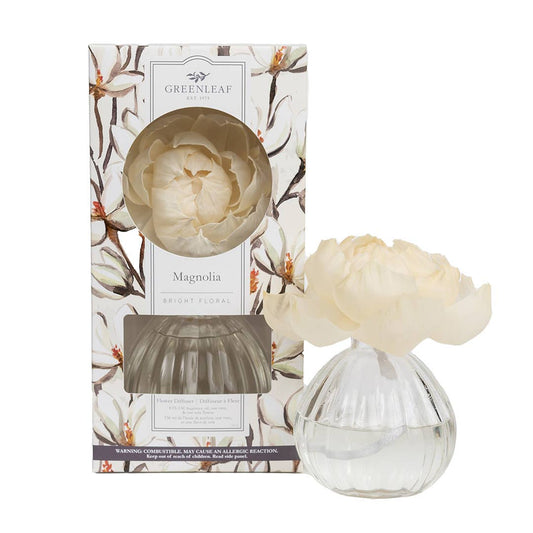 Greenleaf Gifts Magnolia Flower Diffuser with cream silk flower, clear glass ribbed bottle, and packaged box with magnolia floral design