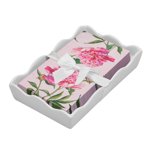 Sophistiplate Ceramic Wave Napkin Tray in cream with pink peony guest towels tied with white ribbon