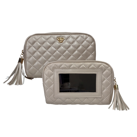 PurseN Glam Makeup Case in pearl quilted with tassel detail, shown open and closed