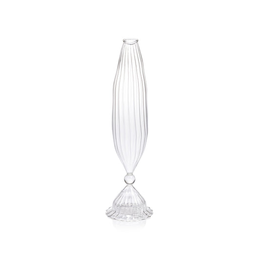 Zodax Flo Optic Glass Vase with vertical ribbed pattern and pedestal base, clear glass