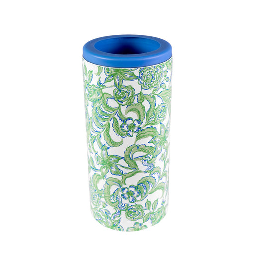 Lilly Pulitzer Daffodil Hill skinny can holder with green and blue floral botanical pattern on cream background