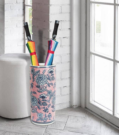 Abbott - Floral Print Umbrella Stand-Pink & Blue-18"H