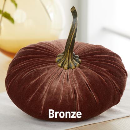 An extra large velvet pumpkin pillow from Your Heart’s Content in a luxurious bronze hue, complete with a lifelike dark stem, rests gracefully on a light surface—ideal as fall accent décor for Thanksgiving tables or an enchanting wedding centerpiece. The word “Bronze” is displayed at the bottom of the image.