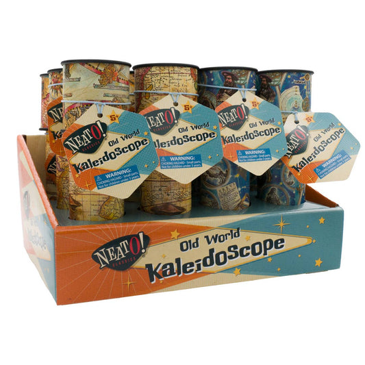 Toysmith Old World Kaleidoscope display box with four vintage-style cylindrical kaleidoscopes in assorted map and celestial patterns