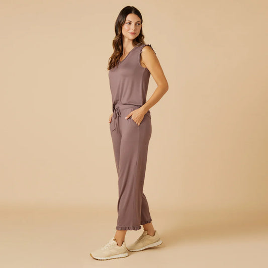 Softies Dream Ruffle V-neck with Cropped Pant in driftwood, front view worn by model