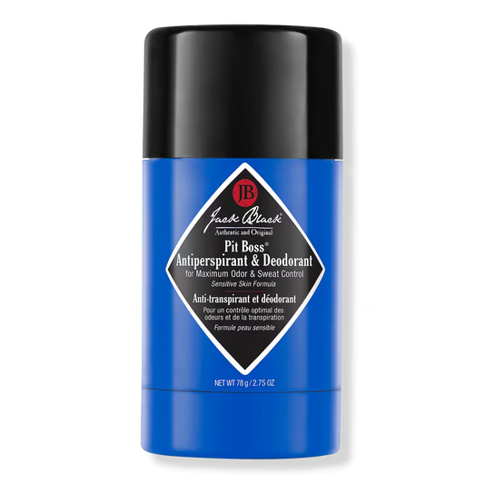 Jack Black Pit Boss Antiperspirant & Deodorant stick in blue and black with diamond logo
