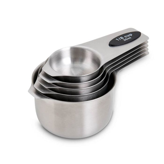 Mrs. Anderson's 5-piece magnetic measuring cups in stainless steel, nested with black labels