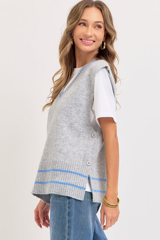 Sweet Lovely by Jen Effortlessly Essential Knit Vest in light gray with blue stripes and button side closure, side view