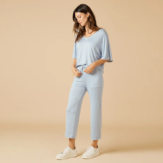 Softies Dream Relaxed V-neck Capri Lounge Set in sky blue stripes, front view on model