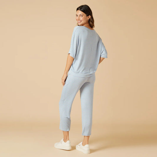 Softies Dream Relaxed V-neck Capri Lounge Set in sky blue stripes, back view on model