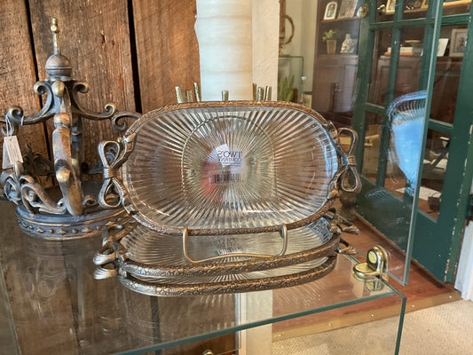 Two's Company clear glass trinket dish with brass bow handles and fluted pattern stacked display