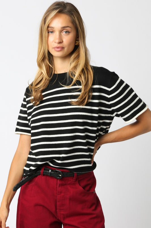 Olivaceous Nicole stripe knit top in black and white horizontal stripes, short sleeves, front view