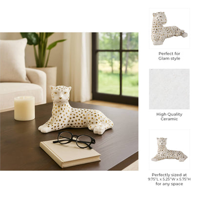 Sagebrook Home - Figurine White/Gold Ceramic Leopard Lying Down, 10 in.