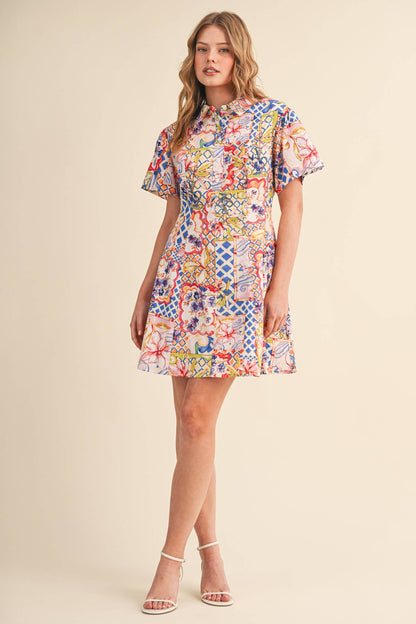 &MERCI - EXCLUSIVE FLORAL FIT & FLARE SHORT SLEEVE MINI DRESS