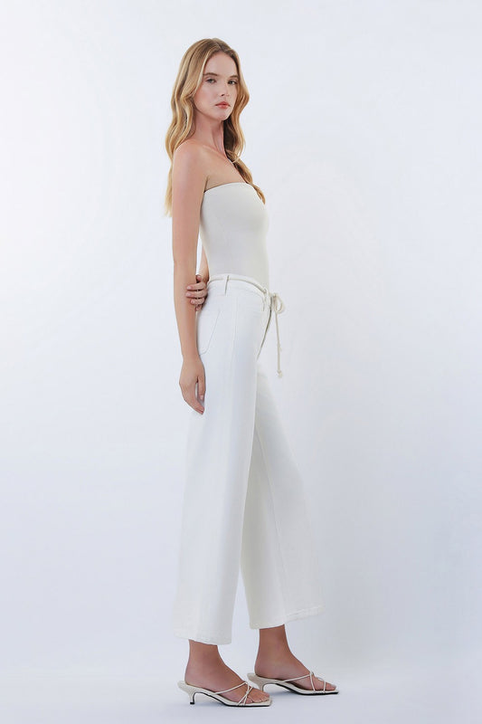 Lovervet by VERVET High Rise Crop Wide Leg white denim with drawstring, side view on model