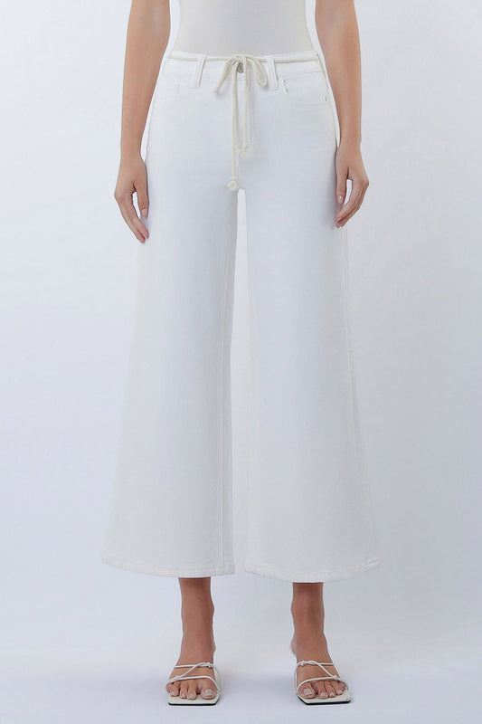 Lovervet by VERVET High Rise Crop Wide Leg white denim with drawstring, front view on model