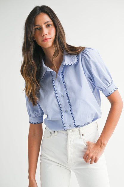 Mable Stripe Scallop Detail Button Down Shirt