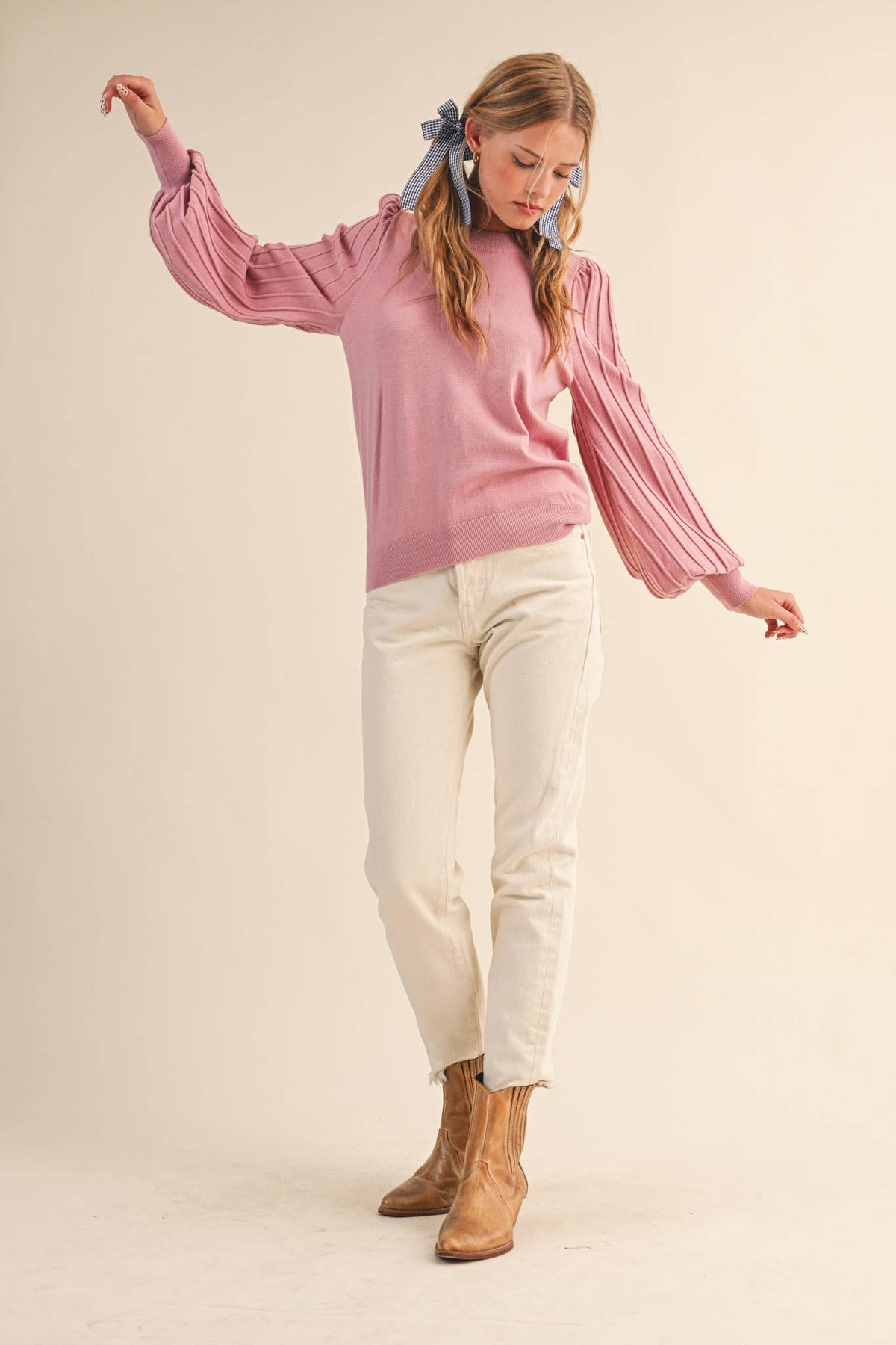 &MERCI - STRIPE TEXTURE PUFF SLEEVE SWEATER MSW9485
