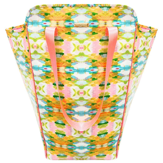 Laura Park Designs Palm Beach Laundry Bag with yellow, pink, and turquoise geometric pattern and coral pink handles, front view