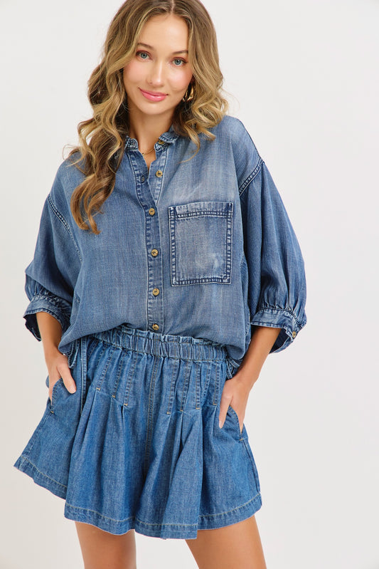 Sweet Lovely by Jen Washed Tencel Dolman Sleeve Top in denim blue with button front, chest pocket, and billowed sleeves, front view