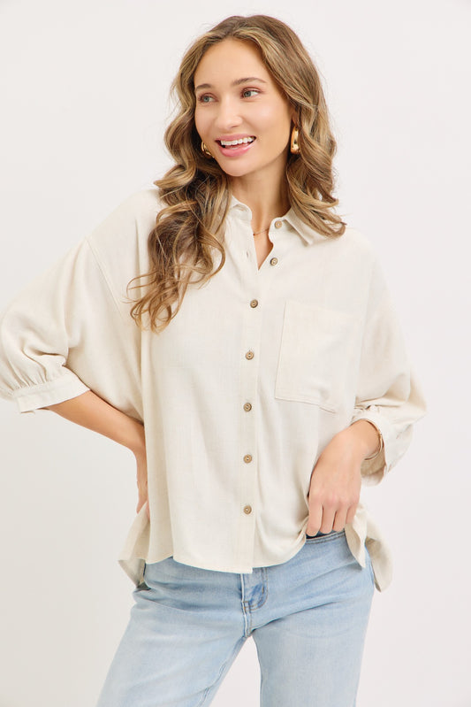 Sweet Lovely by Jen Linen Button Down in oatmeal worn front view with jeans