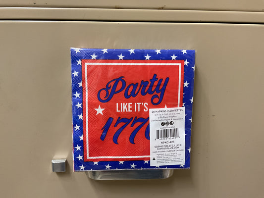 Sophistiplate Party in the USA cocktail napkins with red, white, and blue patriotic design in packaging