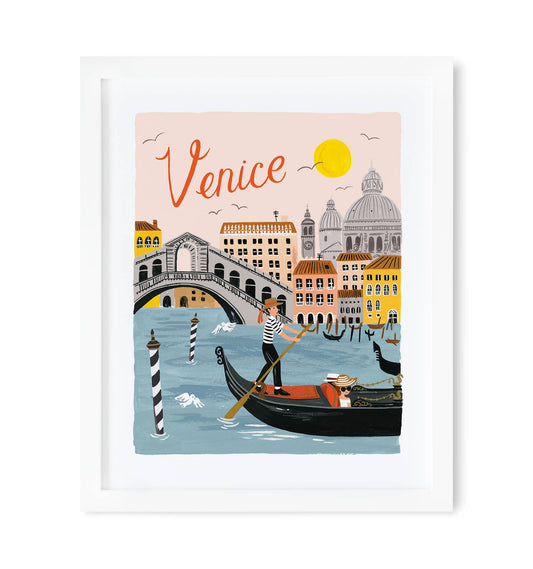 Rifle Paper Co. Venice World Traveler art print in white frame showing gondolas, basilica, and canal architecture