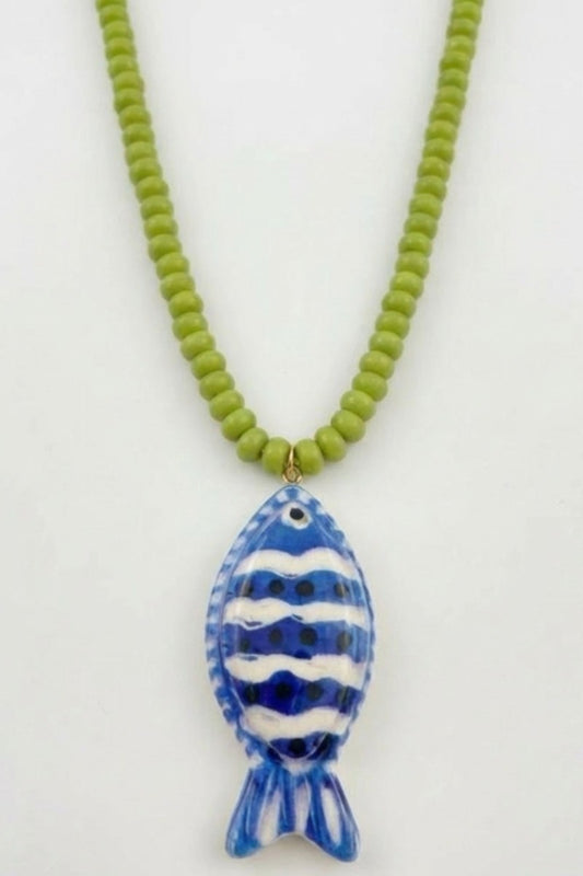 Swan Madchen tropical fish necklace with chartreuse beads and blue-white striped ceramic fish