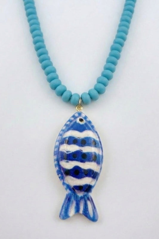 Swan Madchen tropical fish necklace with turquoise beads and blue-white striped ceramic fish