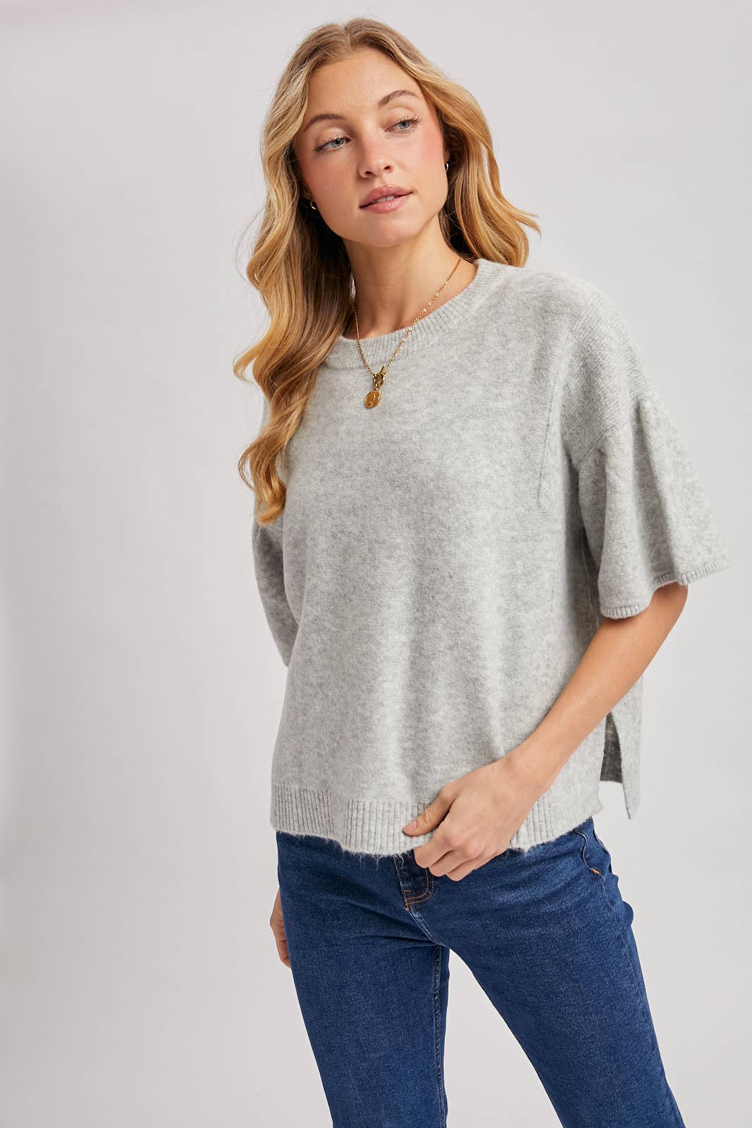 Bluivy - GATHERED SHORT SLEEVE BOXY KNIT SWEATER TOP