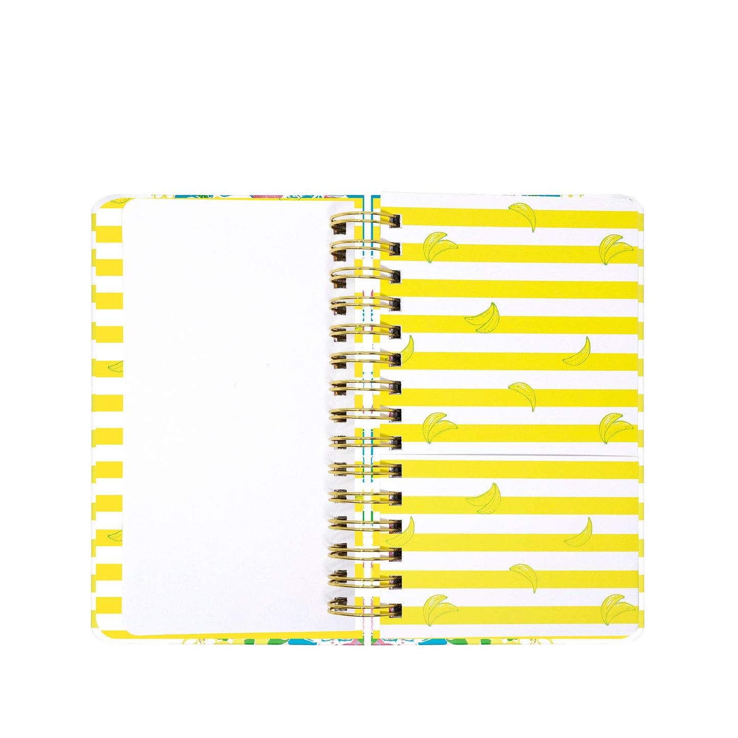 An open Lilly Pulitzer by Lifeguard Press - Medium 17 Month Agenda, Lovely Lilly, features a left page that is blank and a right page adorned with yellow stripes and small banana illustrations.