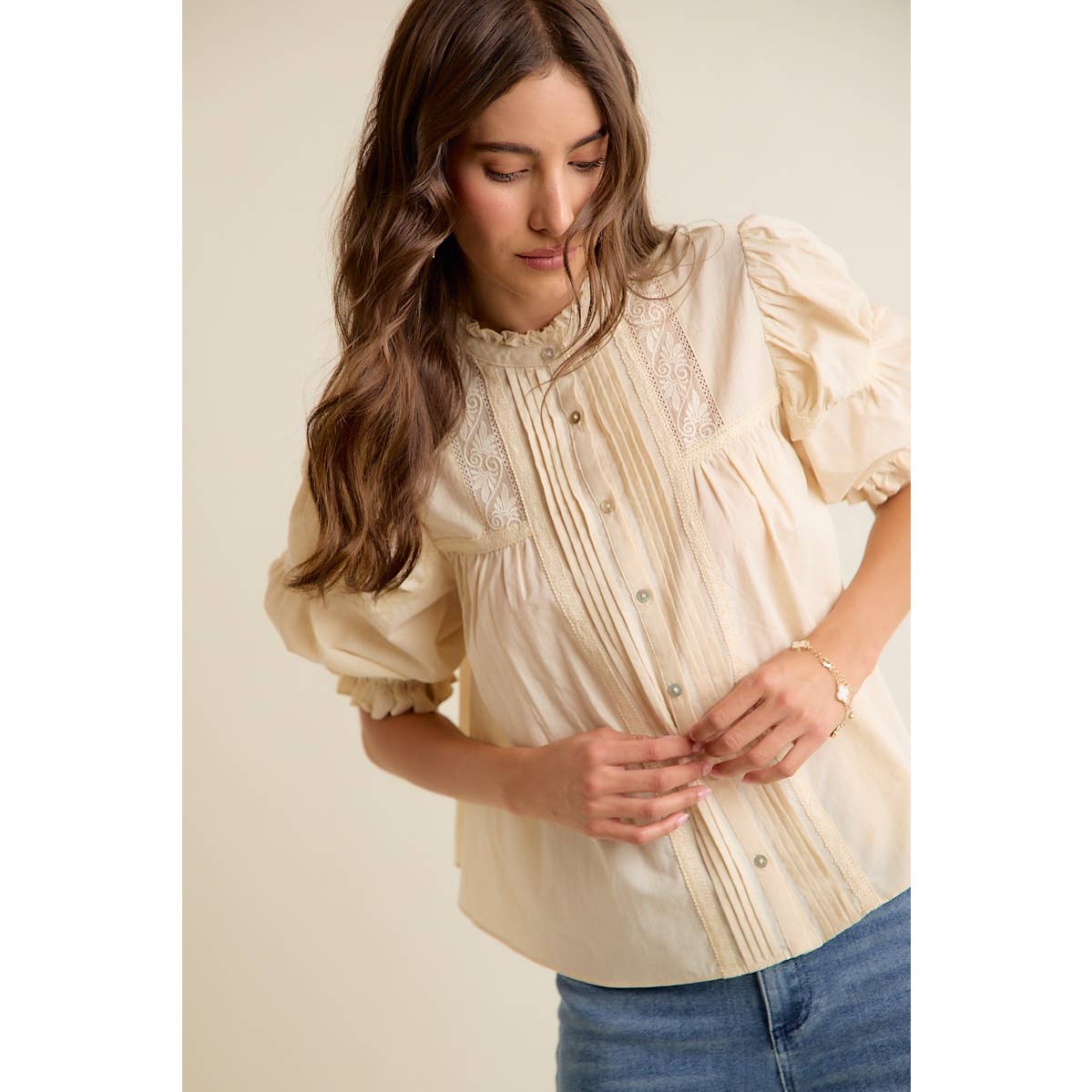 So Me - LACE PINTUCK BUTTON SHORT SLEEVES COTTON BLOUSE TOP