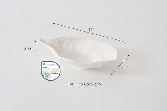 Pampa Bay Medium Oyster Bowl in white melamine with dimensions labeled, shown at angle