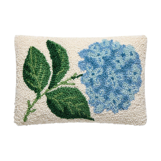Peking Handicraft Hydrangea Hook Pillow with blue flower and green leaves on cream background