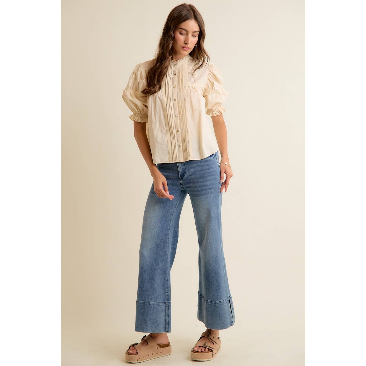 So Me - LACE PINTUCK BUTTON SHORT SLEEVES COTTON BLOUSE TOP