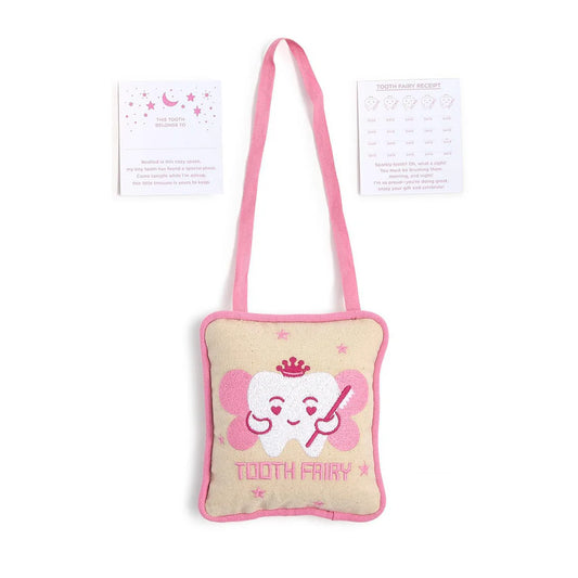 Cupcakes & Cartwheels tooth fairy pillow with cream and pink design, pink handles, and included instruction cards