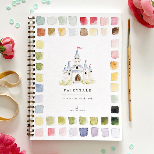Emily Lex Studio Fairytale watercolor workbook cover with white castle illustration surrounded by color swatch palette