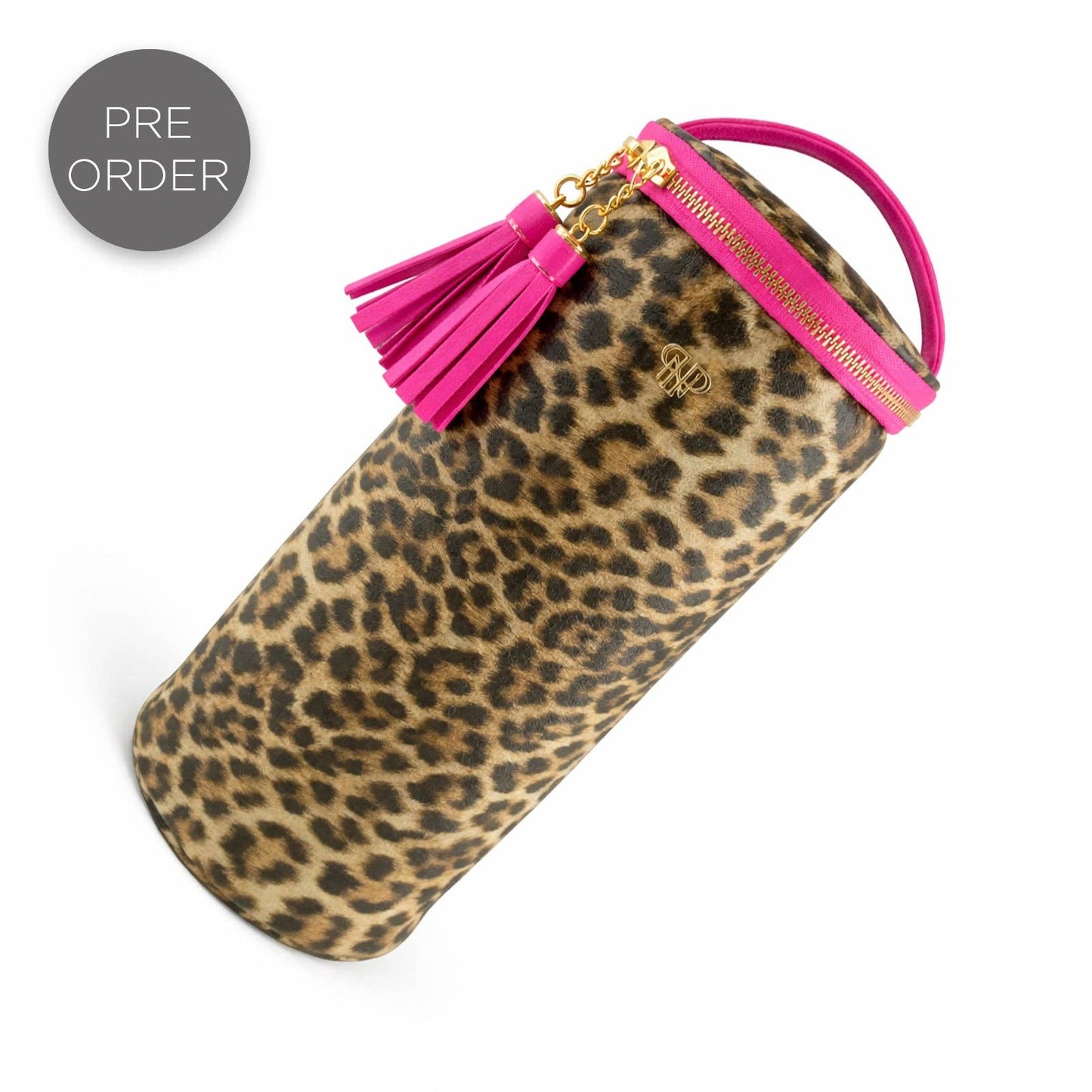 Introducing the PurseN - NEW Hot Tools Holder - Fierce Leopard: a cylindrical, leopard print case with a vibrant pink zipper, tassels, and handle—expertly crafted as a fashionable heat-resistant hair tool case or Hot Tools Holder. This stylish accessory features a small gold PurseN logo on the side and serves as the perfect chic Dyson Airwrap holder. A gray "PRE ORDER" circle is displayed in the top left corner.