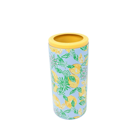 Lilly Pulitzer skinny can holder in lavender with yellow lemons and green leaf pattern, gold rim