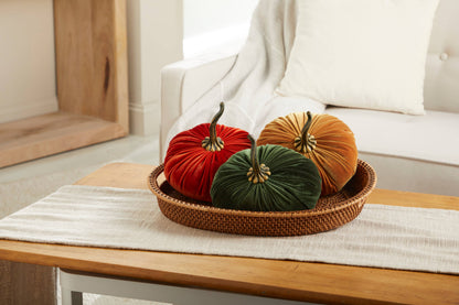 A bright, cozy living room features a wooden coffee table topped with a woven tray holding three “Your Heart’s Content” Extra Large Velvet Pumpkins in orange, green, and gold. Nestled on a cream runner with a white sofa in the background, this elegant fall accent from Your Heart’s Content makes the perfect holiday mantel décor or an exquisite wedding centerpiece.